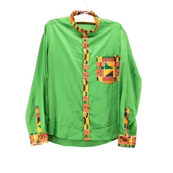 Zeroyaa Mens Button Front Shirt Green Small Printed Trim Pocket - Picture 1 of 12